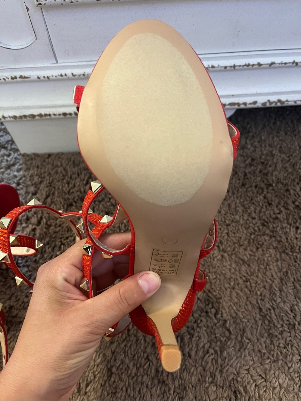 Fashion Nova Red Crystal Pyramid Stud T-Strap Heels - Picture 10 of 10